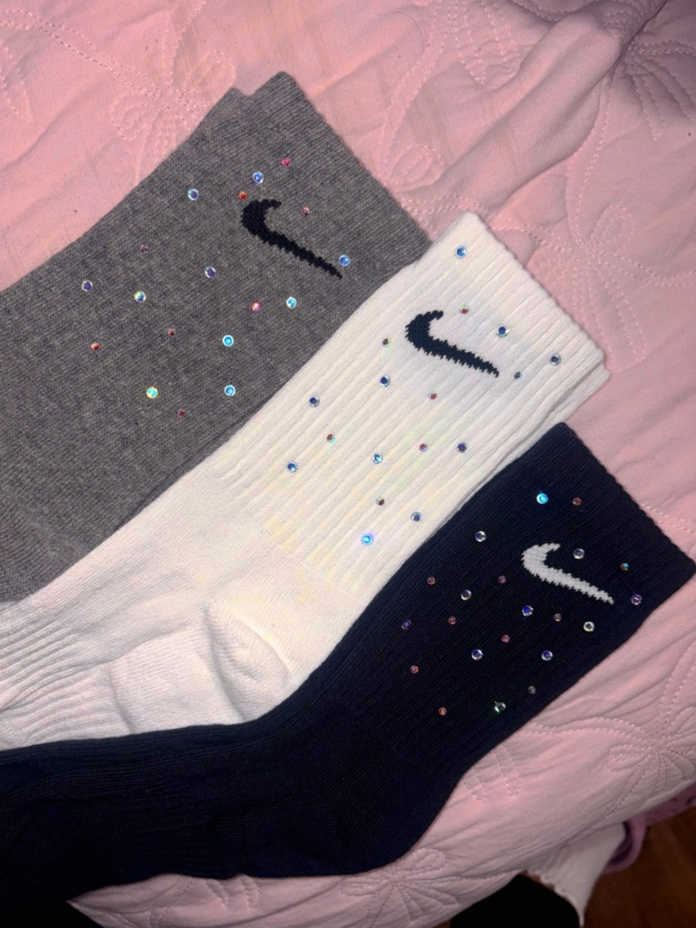 Nike Women Crew Socks in Gray, White & Navy with Rhinestone Accents